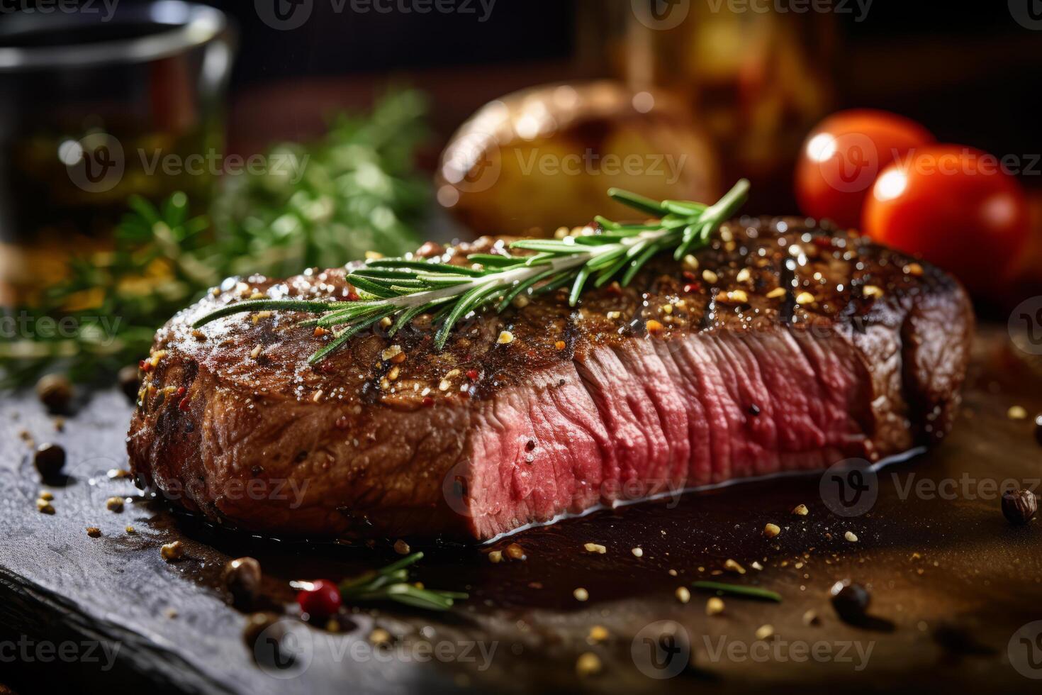 Nahansicht oben Aussicht von Zutaten Lendenstück Steak auf ein Tisch. ai generiert. foto