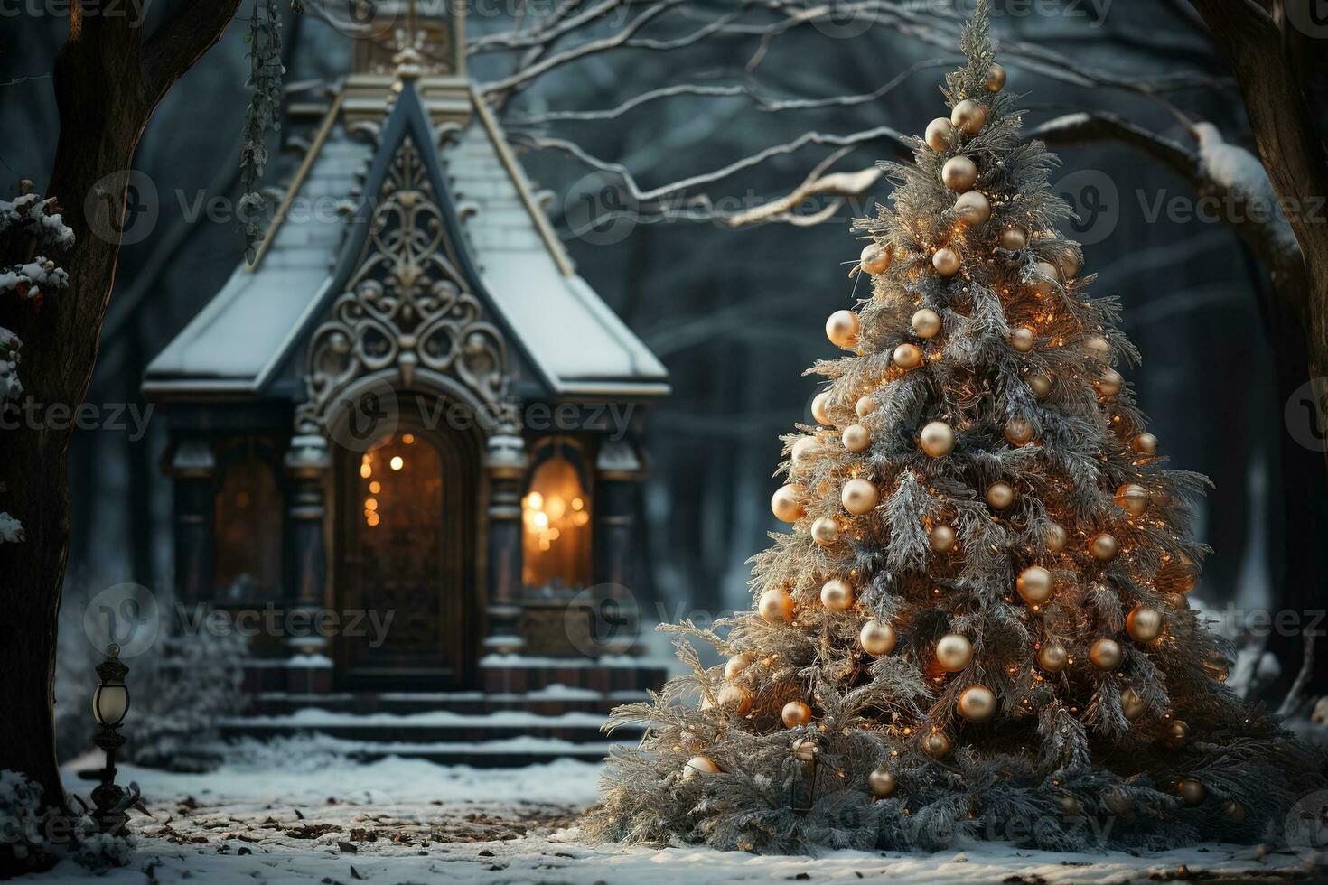 ein schön dekoriert Weihnachten Baum steht im das Hof von ein groß Märchen Haus im das Abend. generiert ai foto