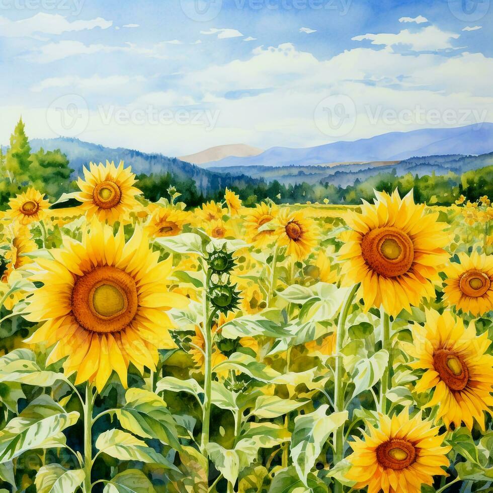 Aquarell Landschaft mit Sonnenblumen Feld, Hügel und Blau Himmel. foto