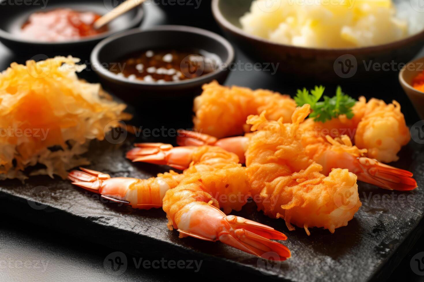 Nahansicht oben Aussicht von Zutaten Garnele Tempura, japanisch Lebensmittel. ai generiert. foto