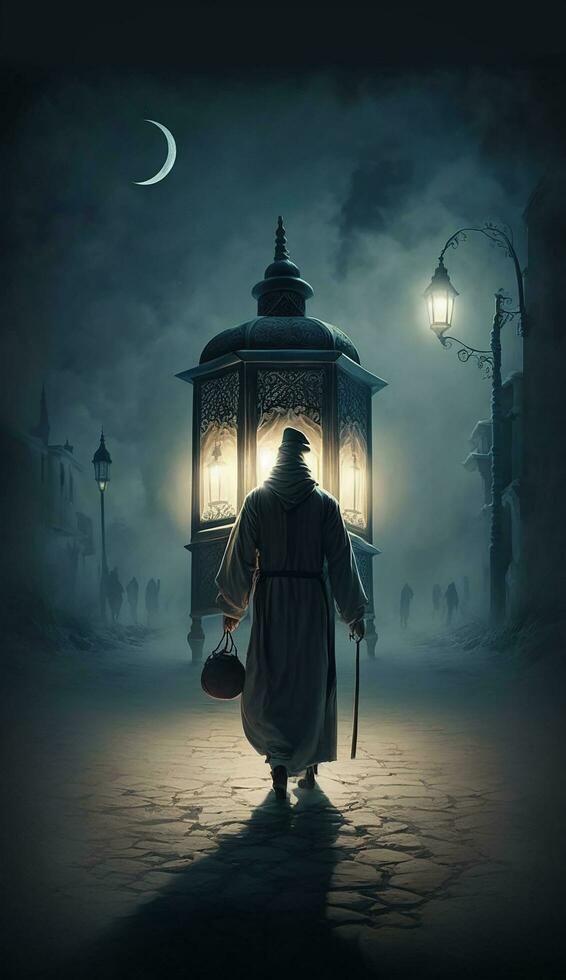 Muslim Mann und Arabisch Laterne, Halbmond Mond auf dunkel Himmel, Ramadan Hintergrund, Kopieren Raum. generativ ai foto