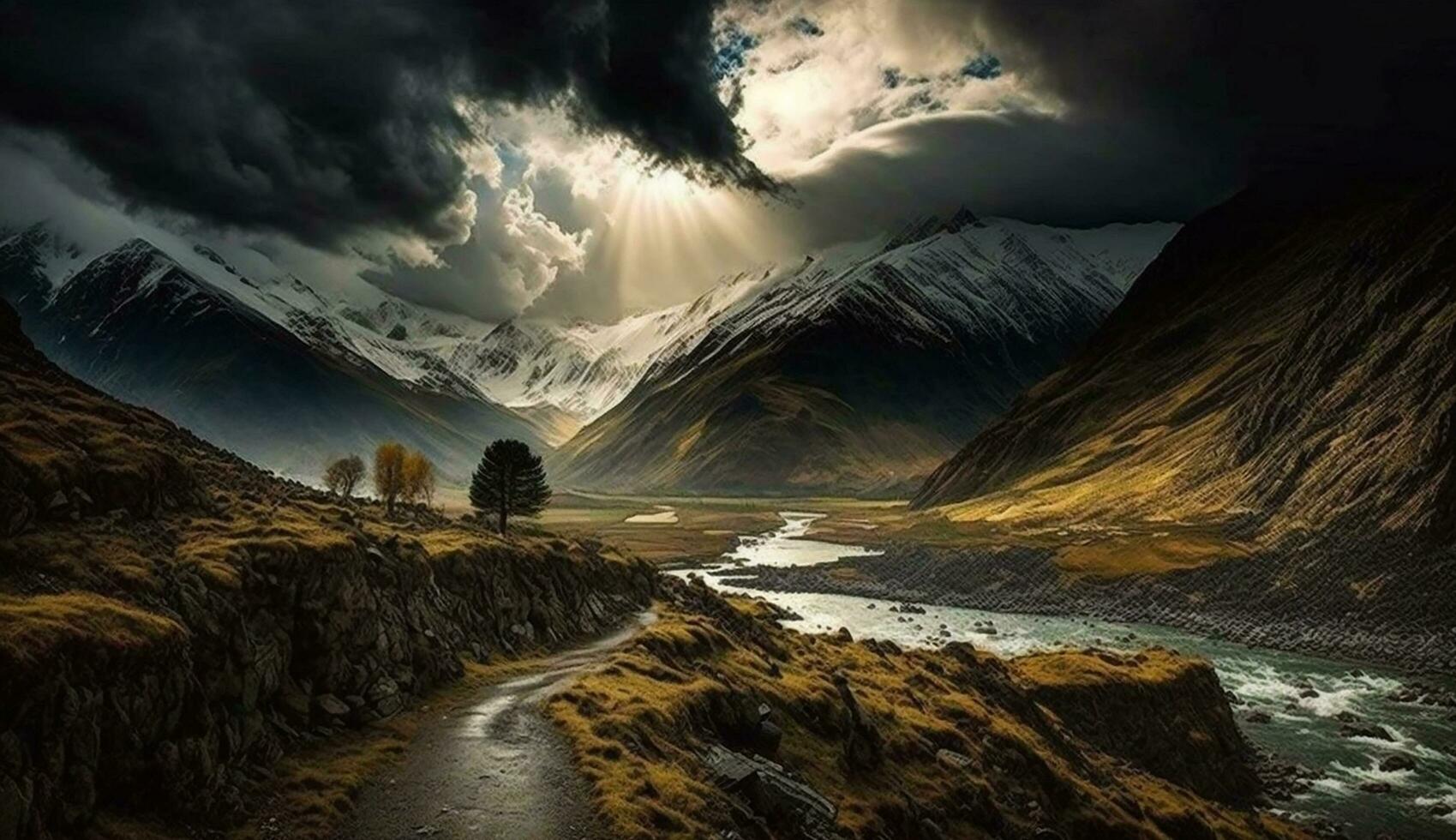 realistisch schön Landschaft Szene mit wolkig Wetter. generativ ai foto