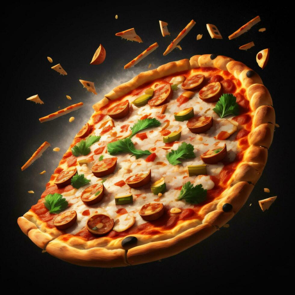 3d realistisch fliegend Pizza Konzept mit schwarz Hintergrund generativ ai foto