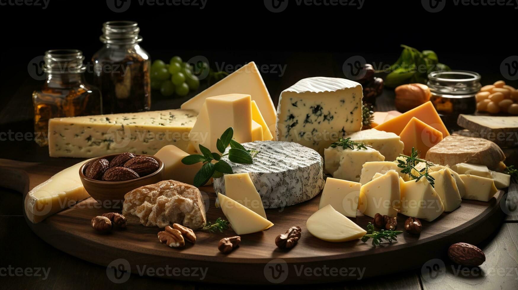 unordentlich Scheiben von Käse, Schnitt in anders Formen auf hölzern Platten, einstellen auf ein fesselnd schwarz Hintergrund, ein kulinarisch Freude, ai generativ foto