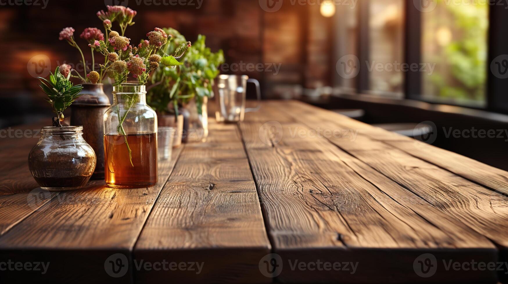 ein Vorderseite Aussicht von ein dunkel rustikal braun, leeren hölzern Tabelle zum Produkt Platzierung mit verschwommen Hintergrund, Portion wie ein leer Holz Tabelle Attrappe, Lehrmodell, Simulation, ai generativ foto