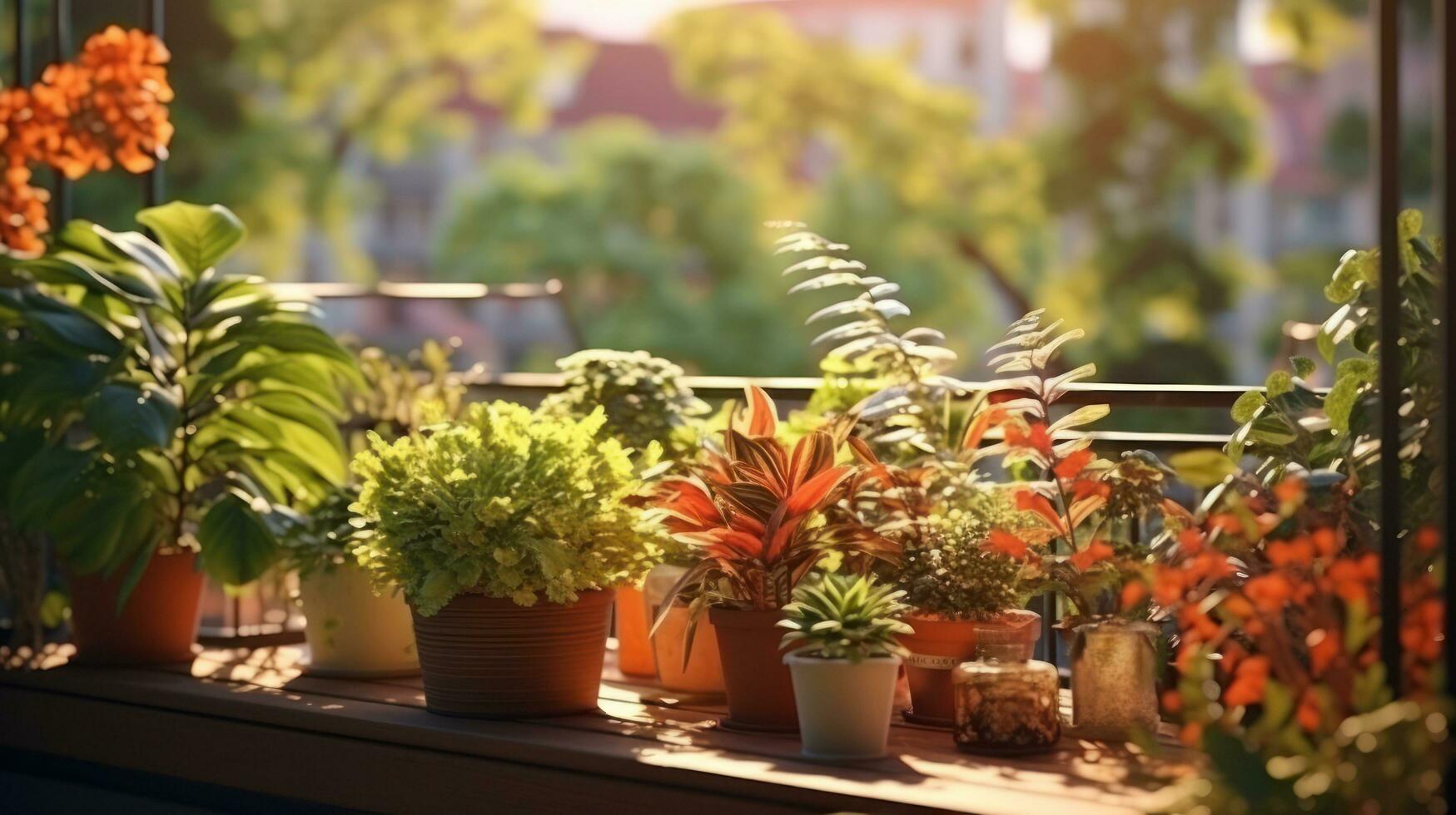 Terrasse mit eingetopft Pflanzen und Blumen foto