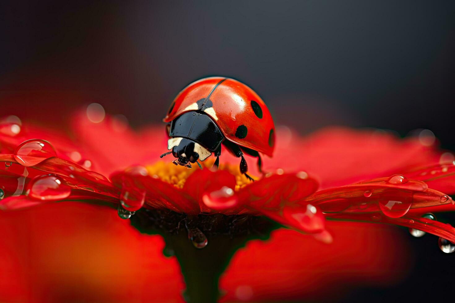 Marienkäfer auf rot Blume Blütenblatt mit Wasser Tropfen schließen hoch, ein Marienkäfer Sitzung auf ein rot Blume auf verschwommen Hintergrund, ai generiert foto