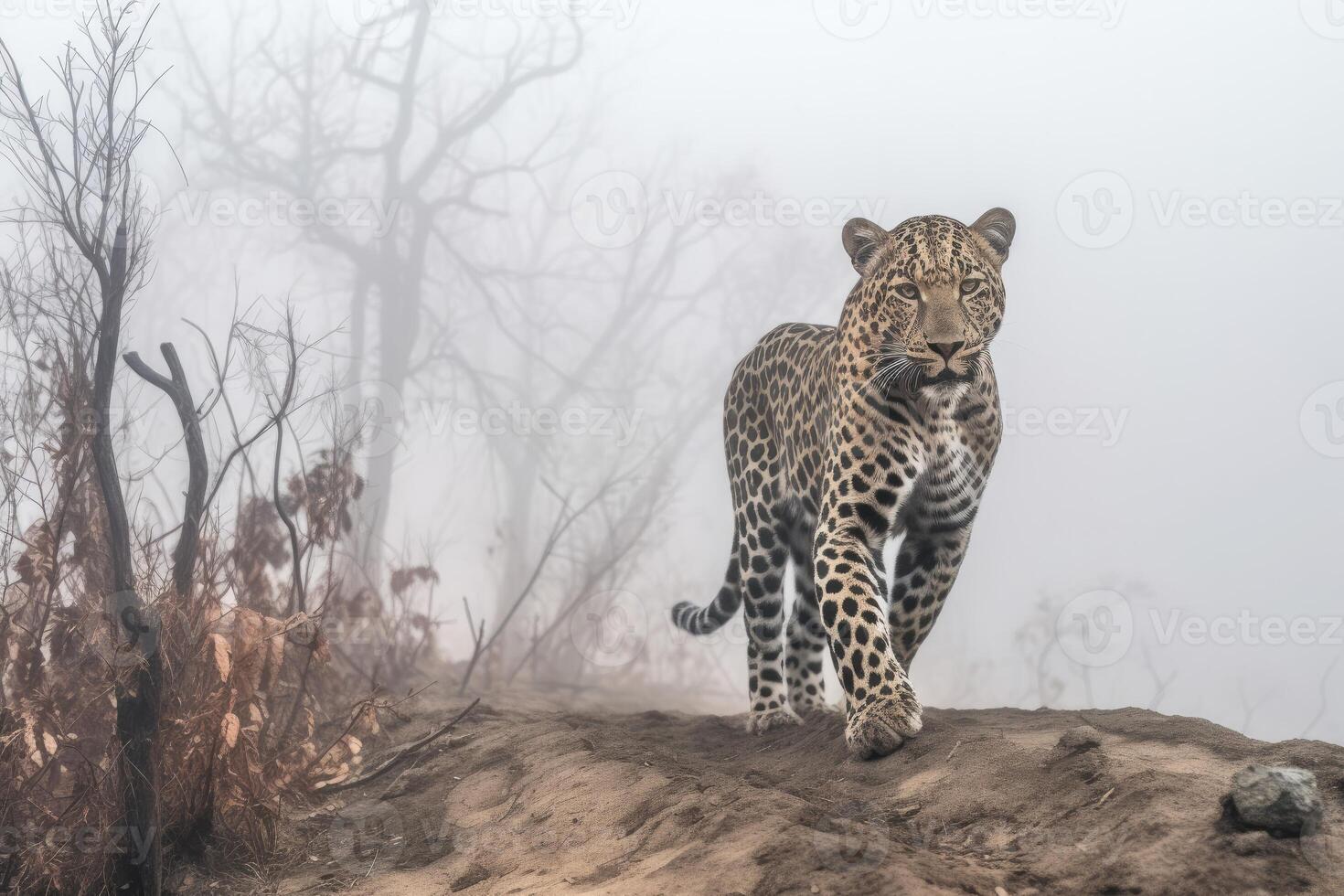 ai generiert einsam Leopard wandert das degradiert Lebensraum, kämpfen zu finden Beute. foto