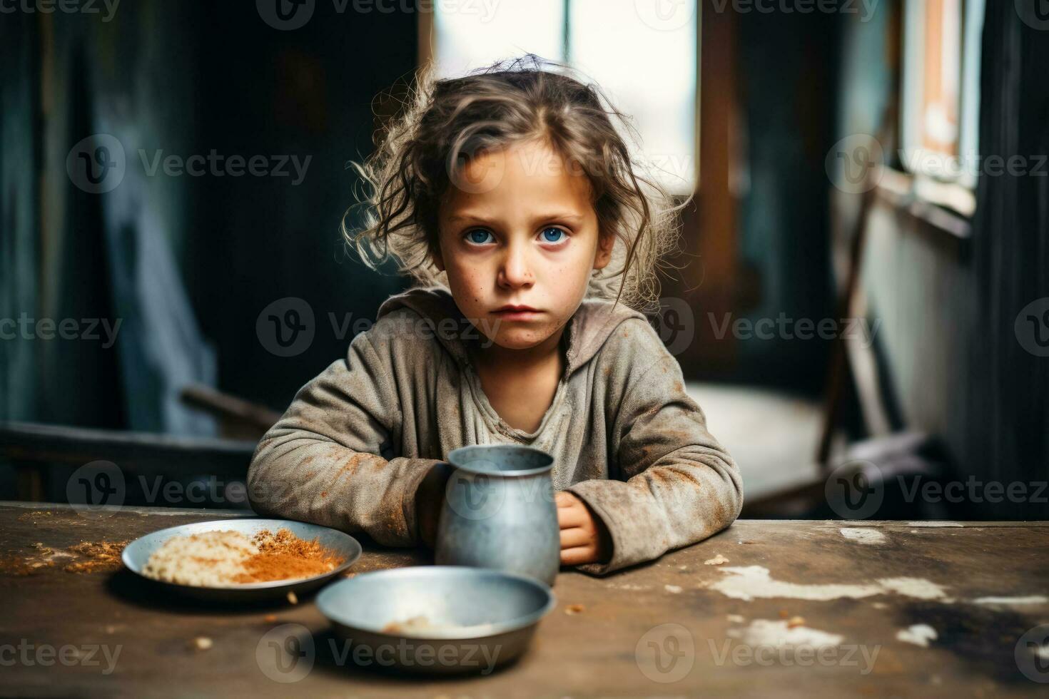hungrig hungern Arm wenig Kind suchen beim das Kamera foto