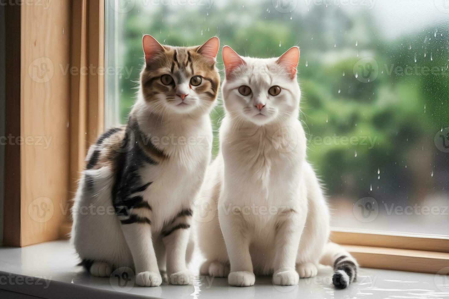 realistisch Foto schließen oben von süß Katze Sitzung Nächster zu Glas Fenster, Regen außen, generativ ai