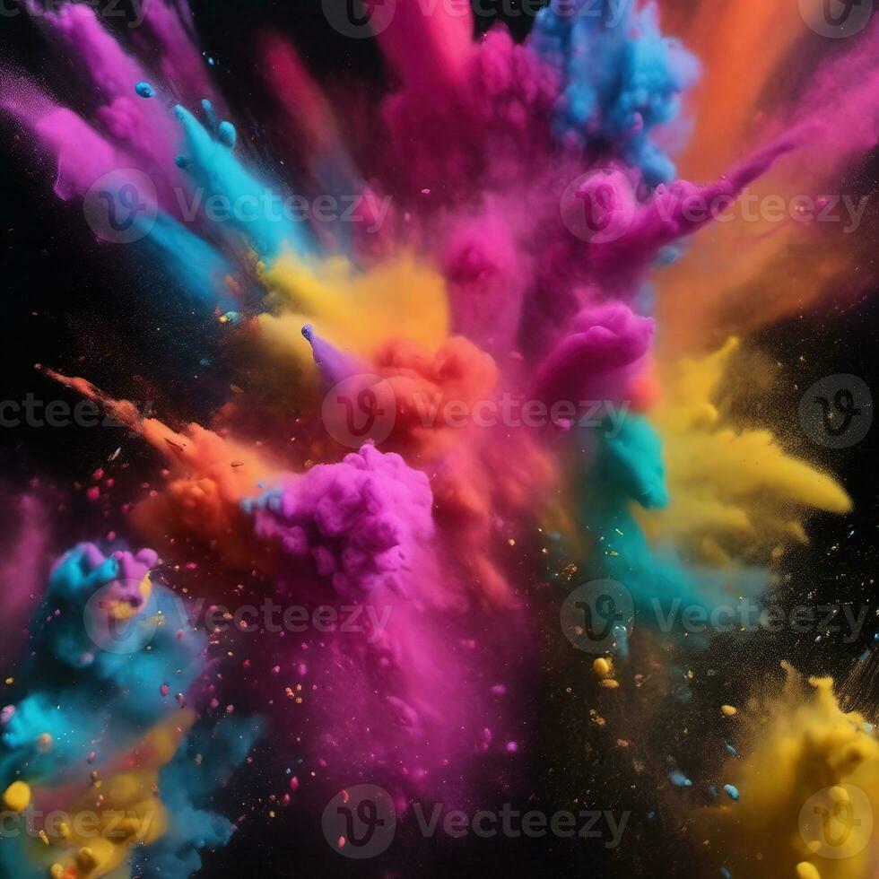 bunt Pulver Explosion Farbe holi Spritzen auf schwarz Hintergrund, ai generativ foto