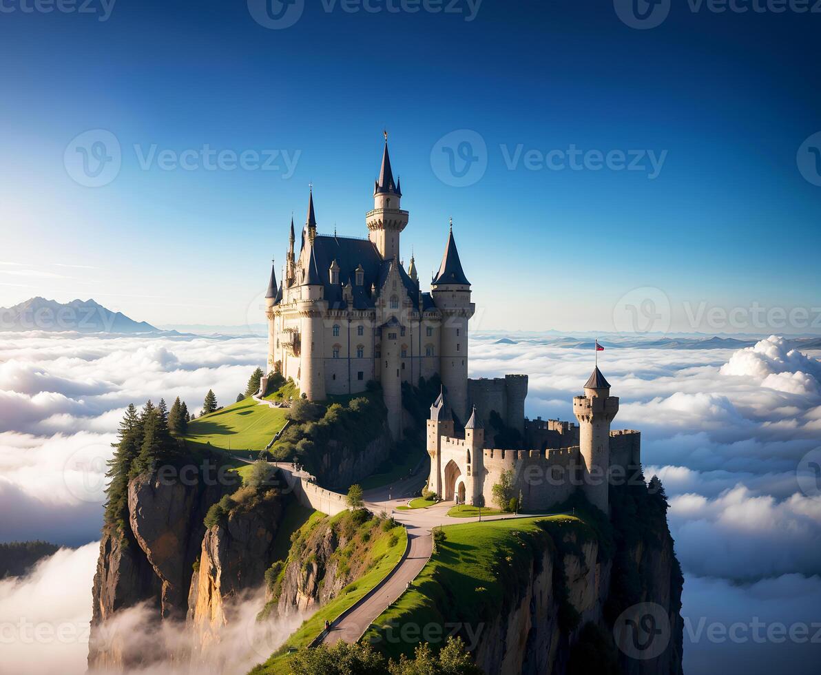 realistisch Foto Landschaft von majestätisch Schloss schwebend im das Wolken, ai generativ