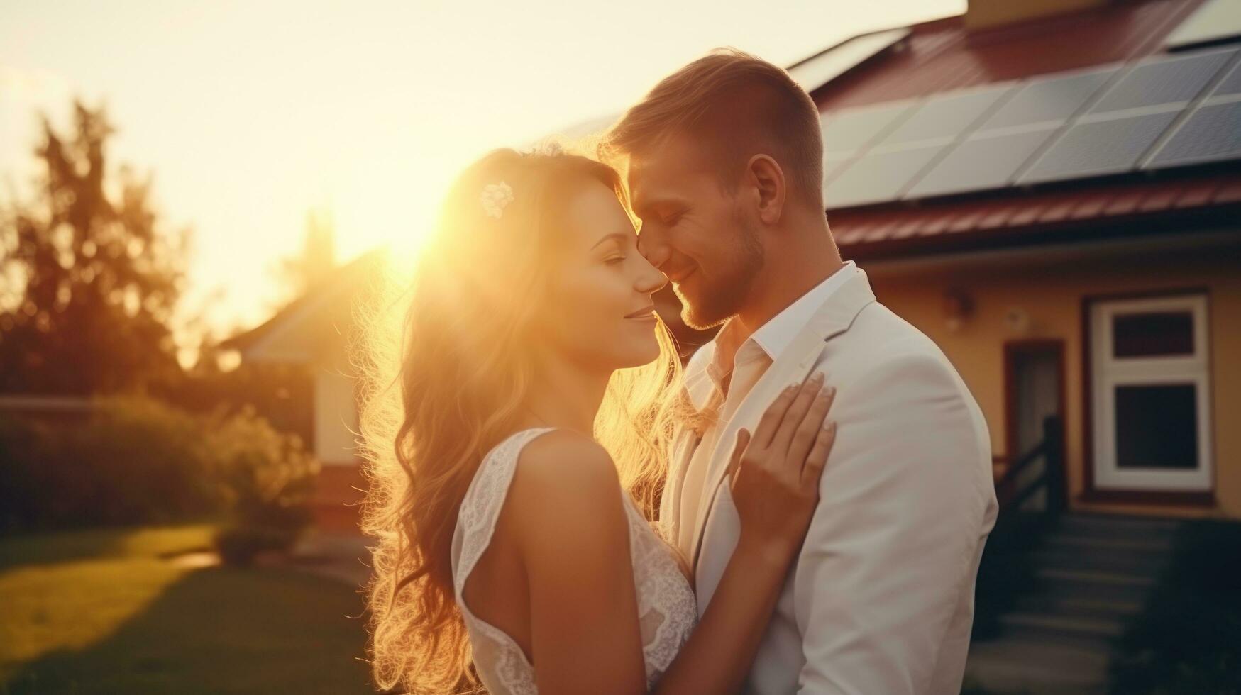 jung verheiratet Paar umarmt im Vorderseite von das Haus im Sommer- Sonnenuntergang foto