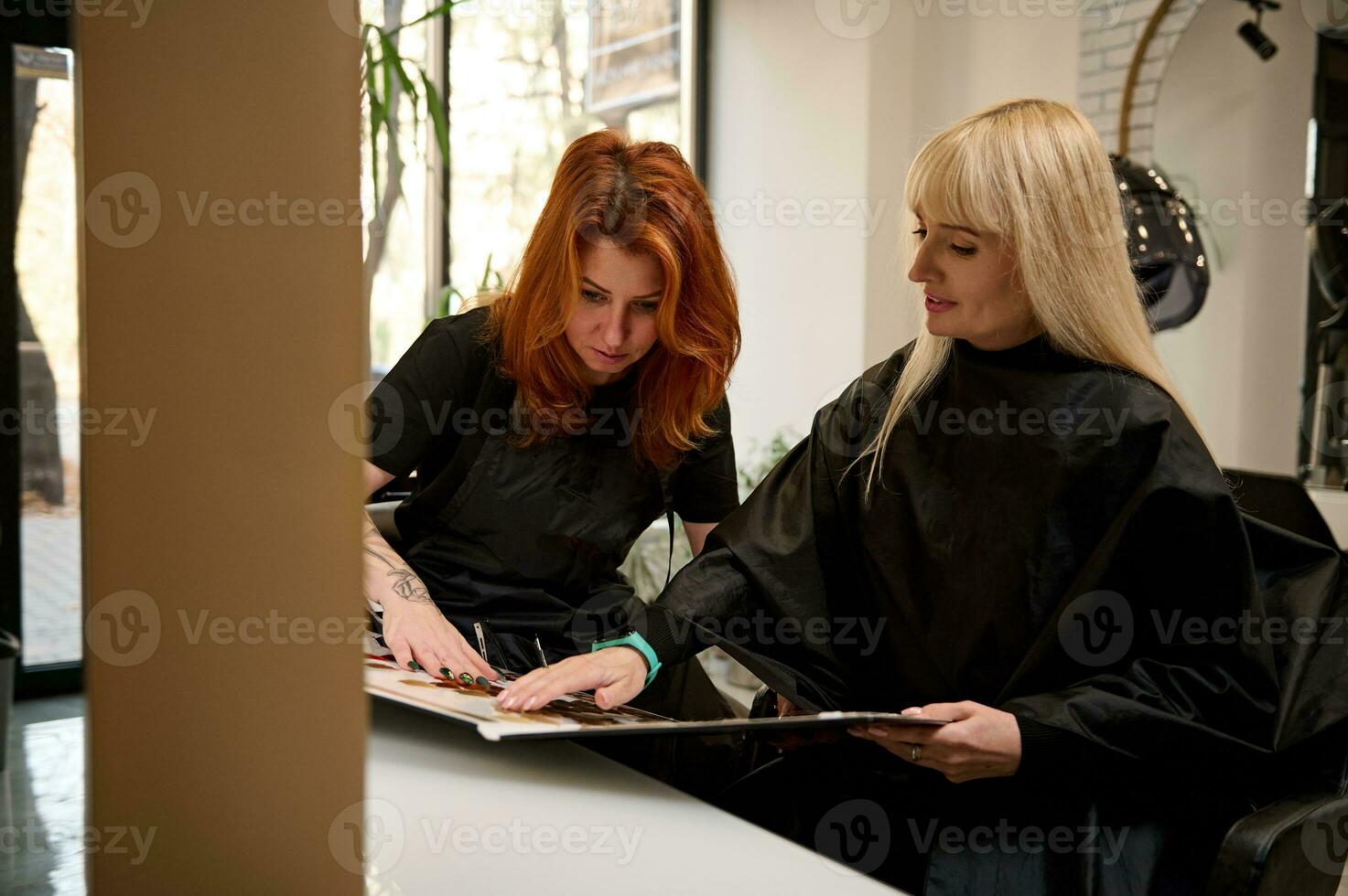 rothaarig Friseur und Klient mit Katalog von Haar Farbstoff Farbe Palette im Luxus Schönheit Salon. Fachmann Haar Sterben Konzept. Konsum, klein Geschäft, Schönheit Industrie und Lebensstil Konzept. foto