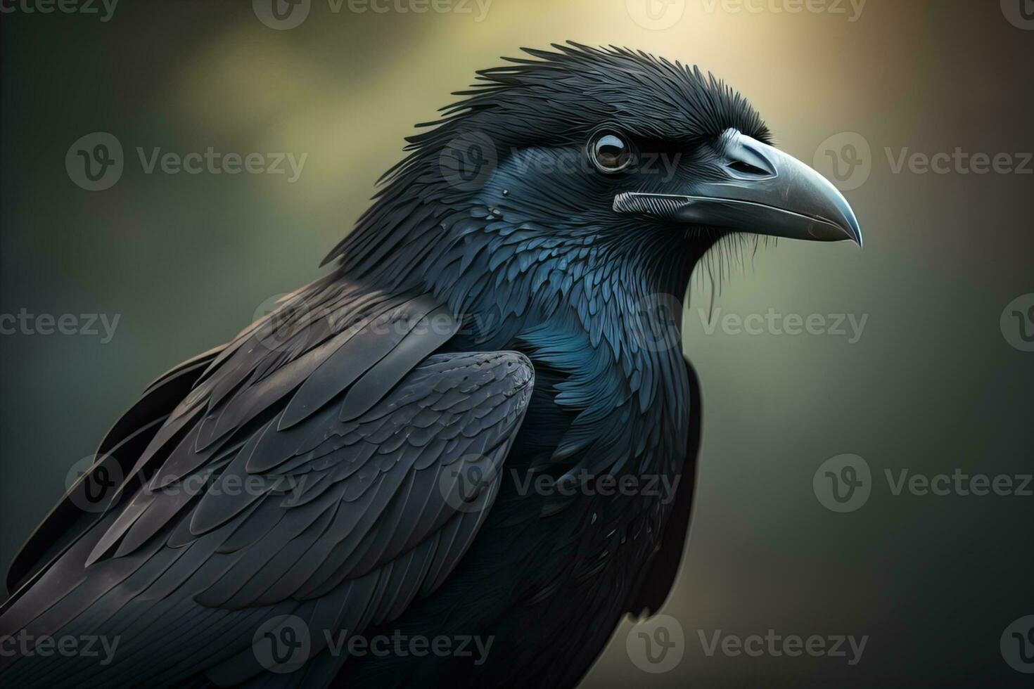 schließen oben Porträt von ein schwarz Rabe, Korvus corax. ai generativ foto