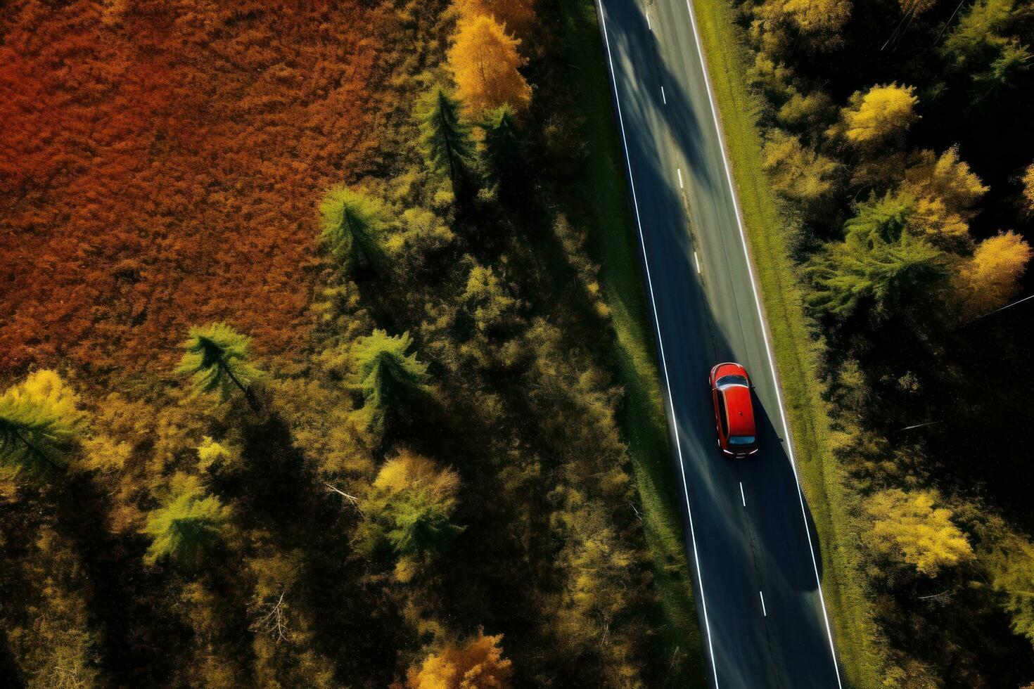 ein Auto Fahren Nieder ein Autobahn durch hoch Bäume foto