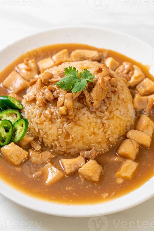 Hühnerfleisch in brauner Soße oder Soße mit Reis foto