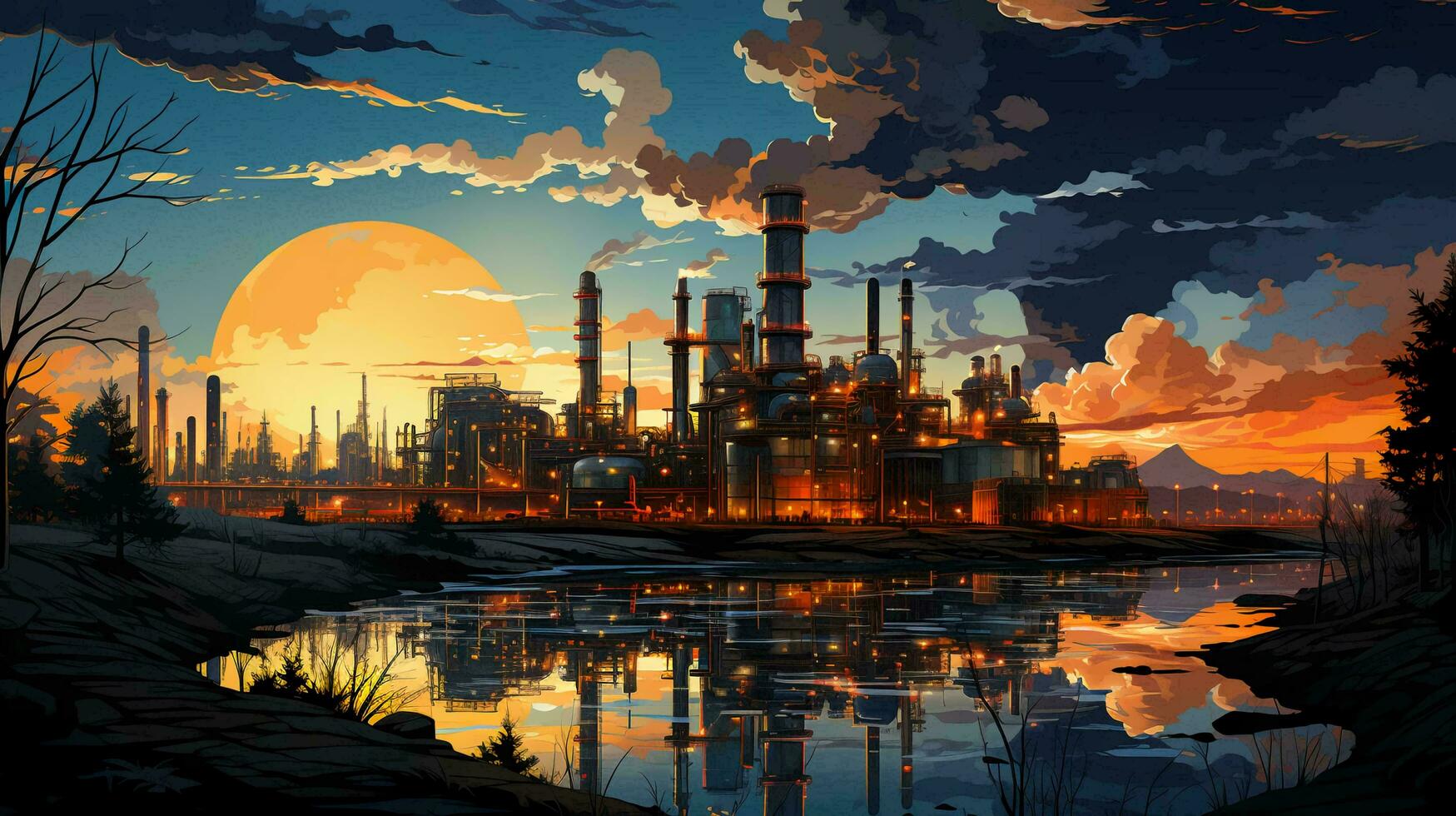 industriell Öl Raffinerie petrochemisch chemisch Pflanze mit Ausrüstung und hoch Rohre beim Nacht. ai generiert foto