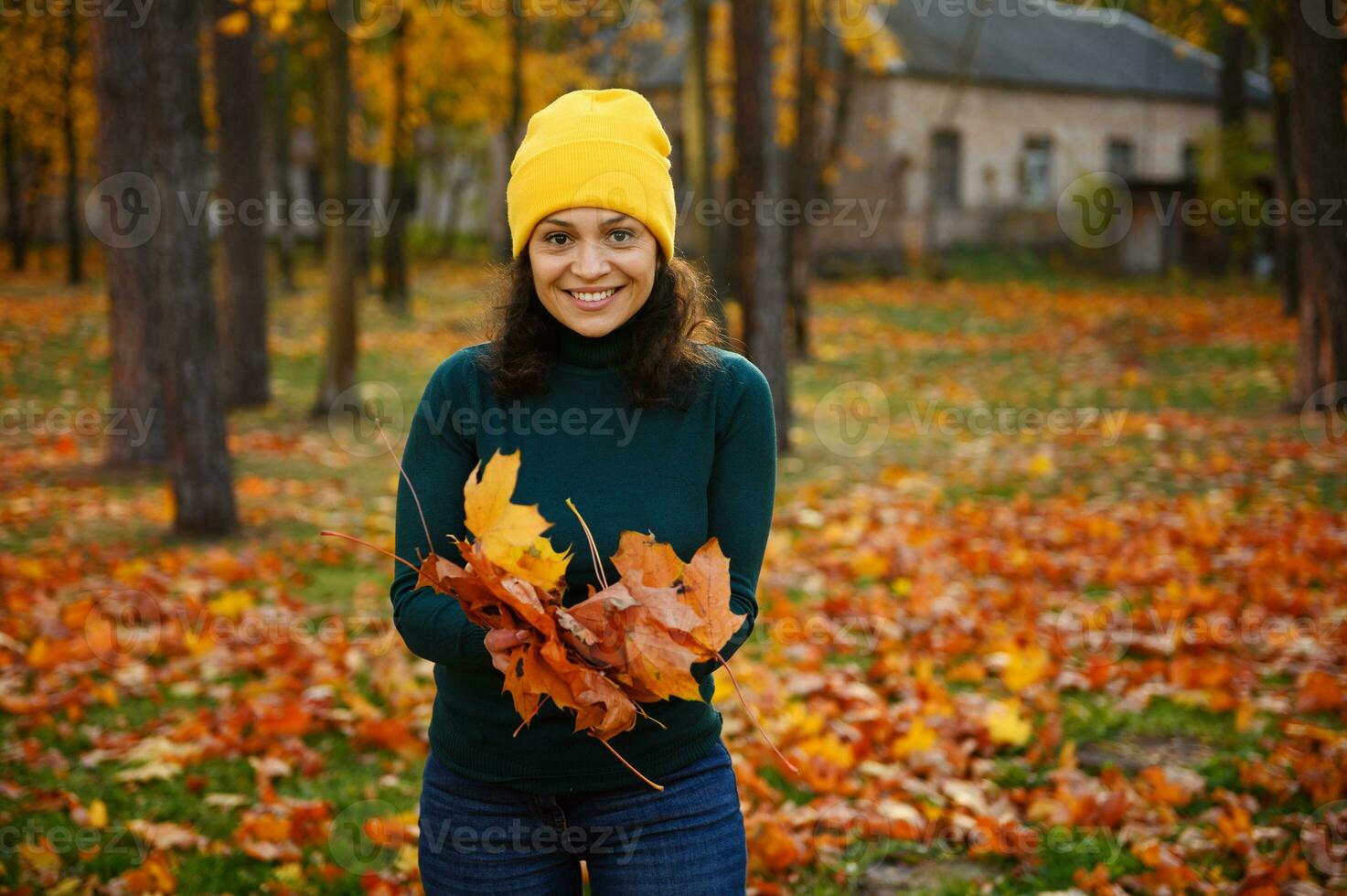 Porträt von ein schön lächelnd Frau im Wolle Hut, im das Herbst Park, halten ein trocken gesammelt Strauß von bunt Herbst Gelb Orange Eiche und Ahorn Blätter und bereit zum werfen Sie oben im das Luft foto