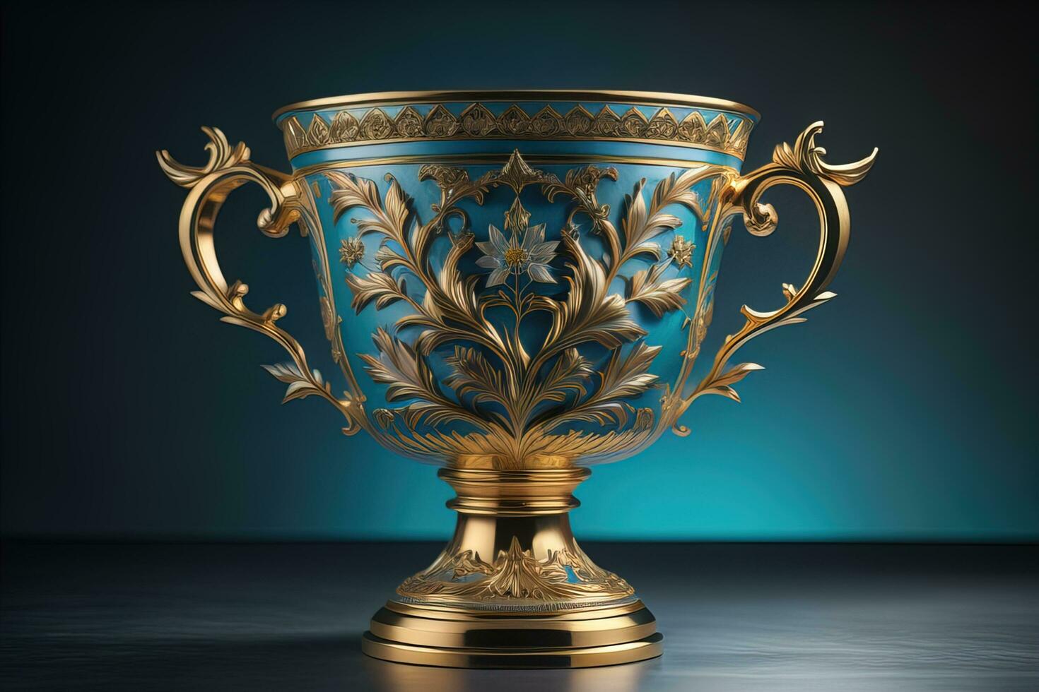 golden Trophäe Tasse mit Blumen- Ornament auf Blau Hintergrund. generativ ai foto