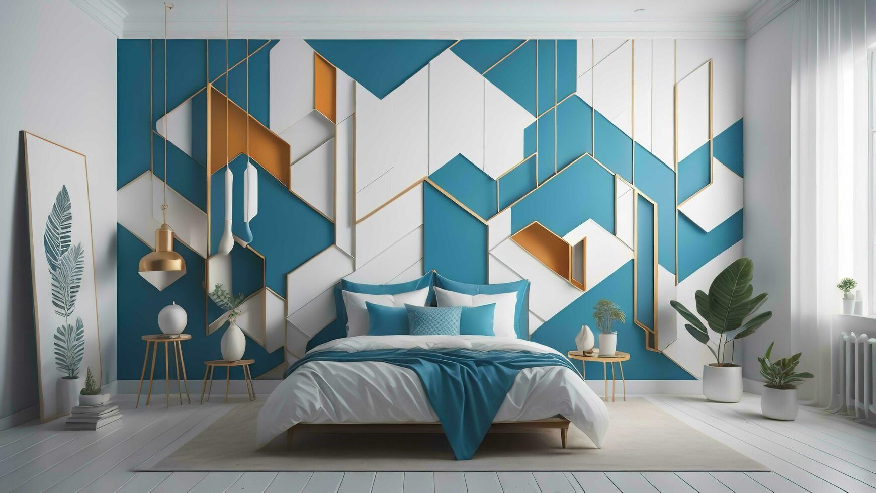 modern Schlafzimmer Innere mit Blau und Gold geometrisch Muster. generativ ai foto