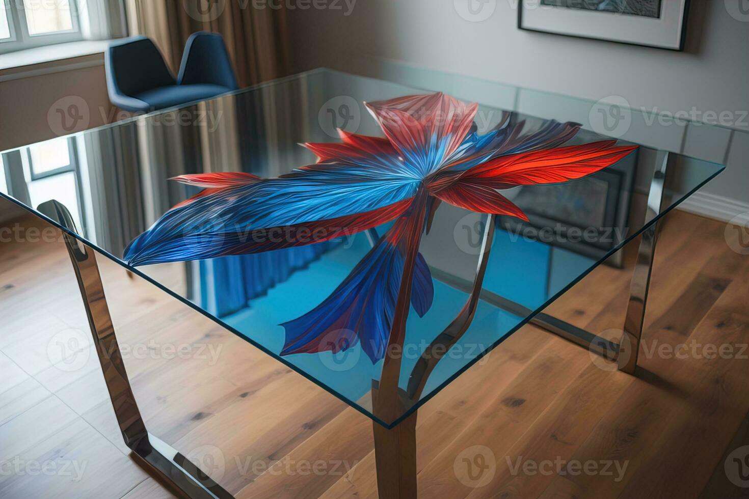 Innere von ein Leben Zimmer mit ein Glas Tisch. ai generativ foto