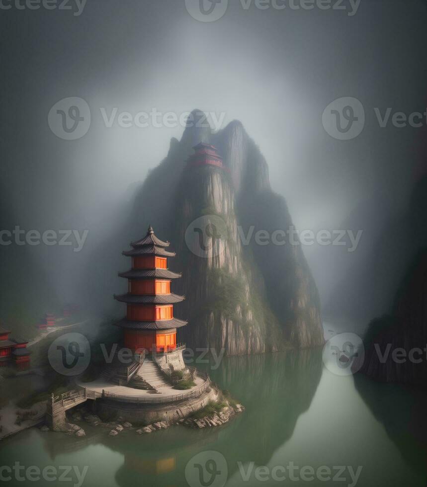 Chinesisch Stil Landschaft Fluss majestätisch Berg traditionell Gebäude Tempel, ai generativ foto