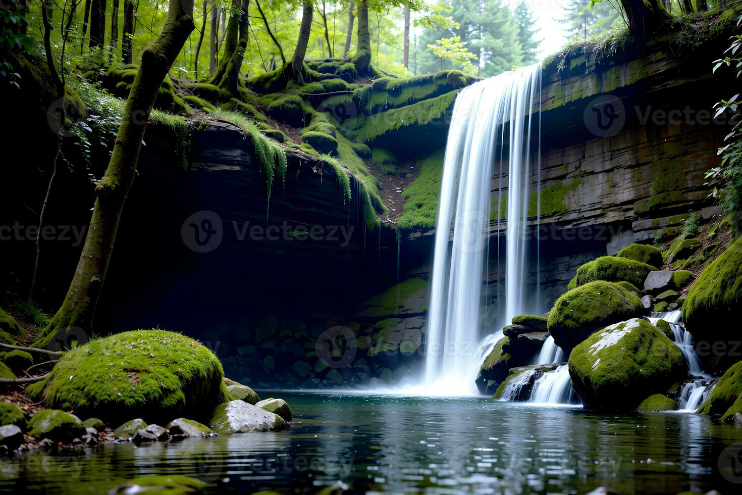 realistisch Foto schön Landschaft von Wasserfall im das Wald, ai generativ