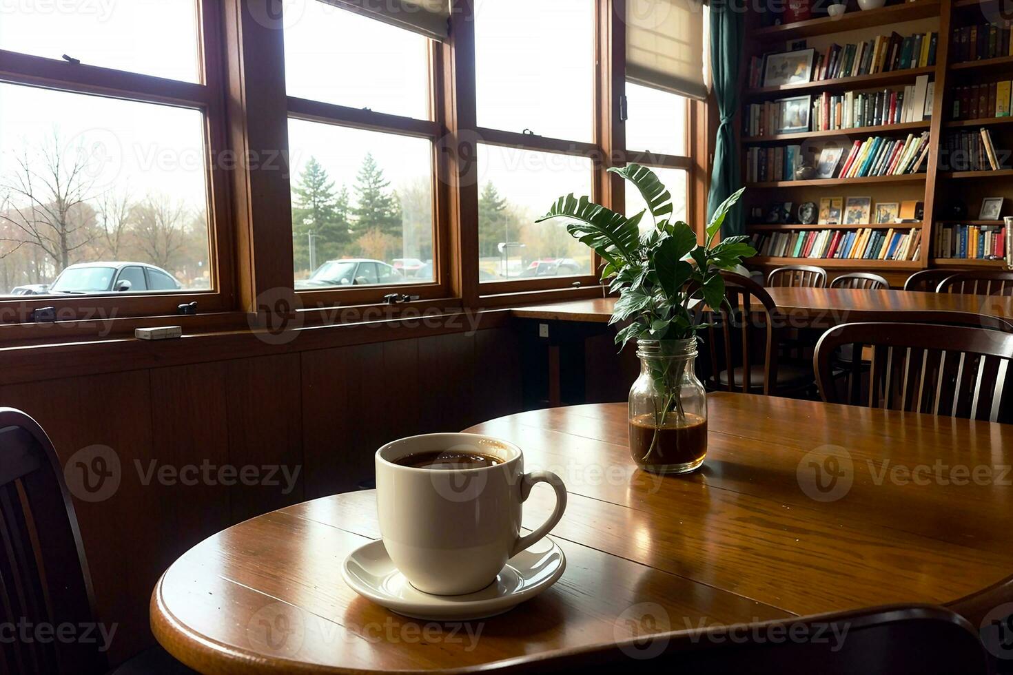 realistisch Foto von ein Kaffee Tasse und Pflanze Flasche auf Holz Tabelle im ein Kaffee Geschäft mit gemütlich Atmosphäre, ai generativ