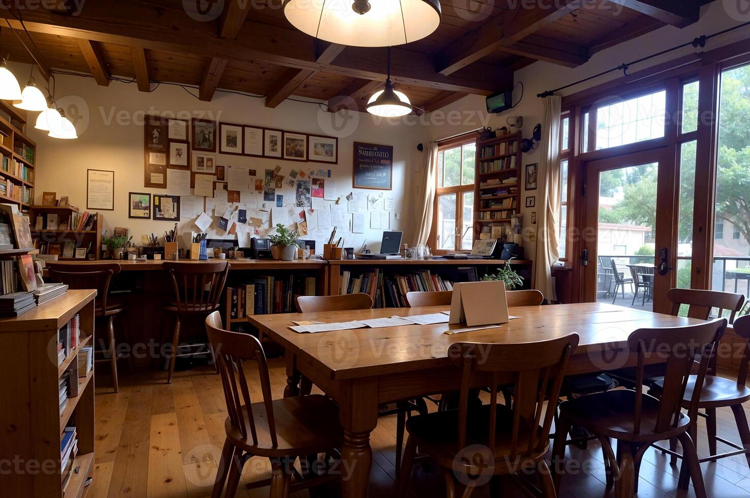 realistisch Foto Innere von Holz Tabelle Stühle mit hell Fenster leicht Bibliothek Studie Zimmer