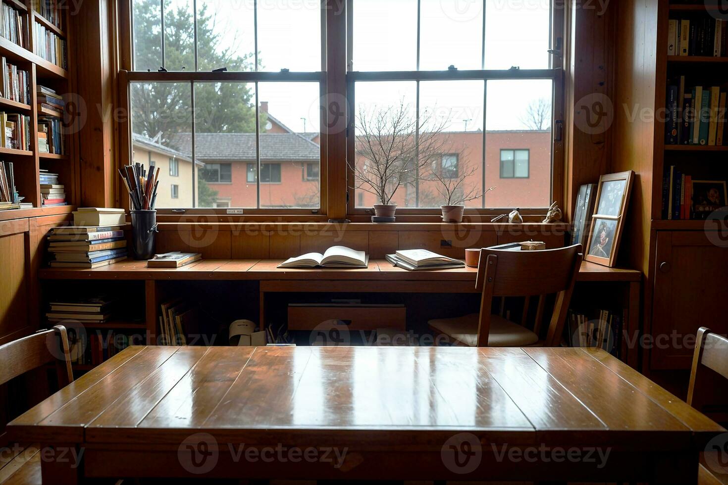 realistisch Foto Innere von Holz Tabelle Stühle mit hell Fenster leicht Bibliothek Studie Zimmer