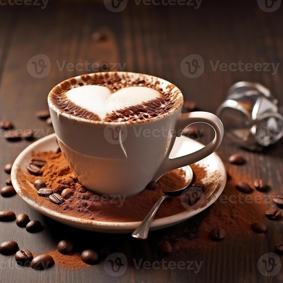 Tasse von Kaffee Milch mit ein Prise von Schokolade Pulver im das