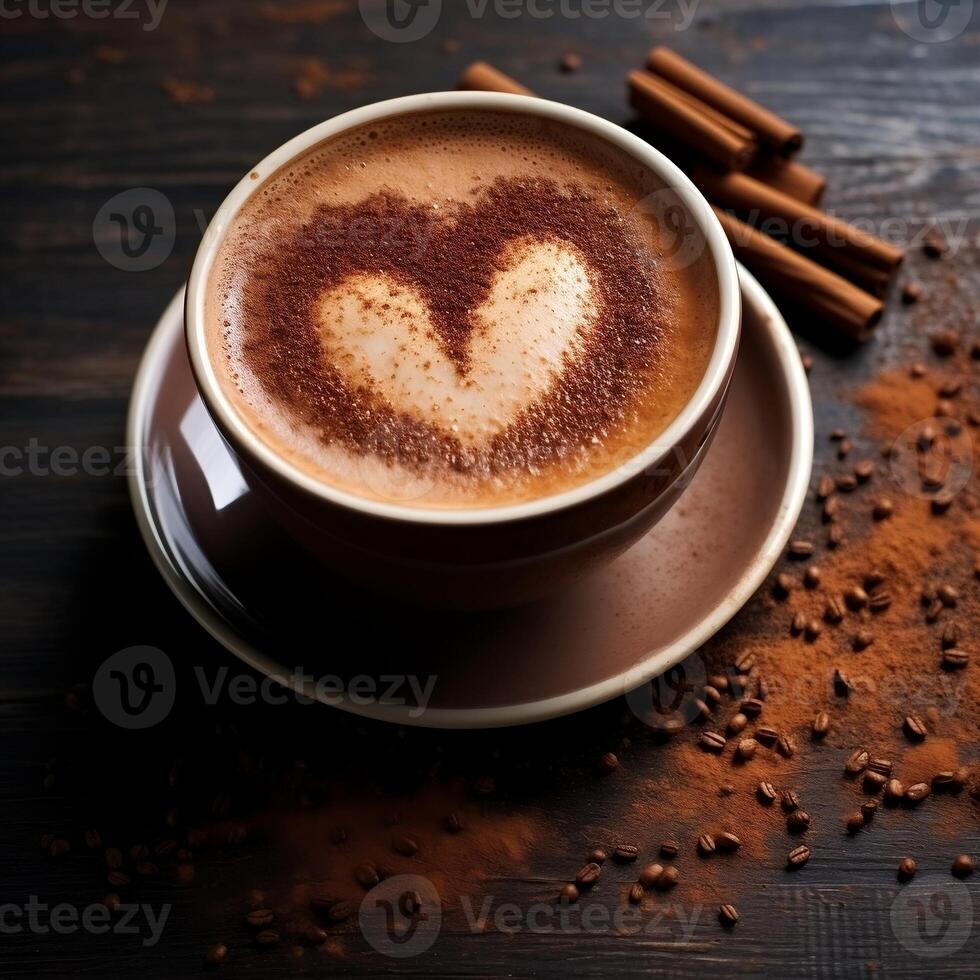 Tasse von Kaffee Milch mit ein Prise von Schokolade Pulver im das