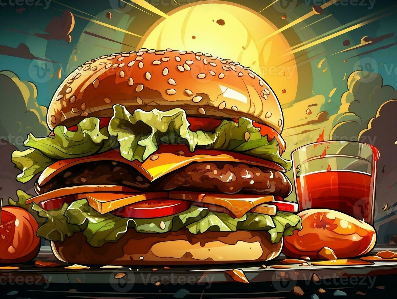 Karikatur Stil köstlich Käse Burger auf bunt Pop Kunst retro Hintergrund generativ ai foto