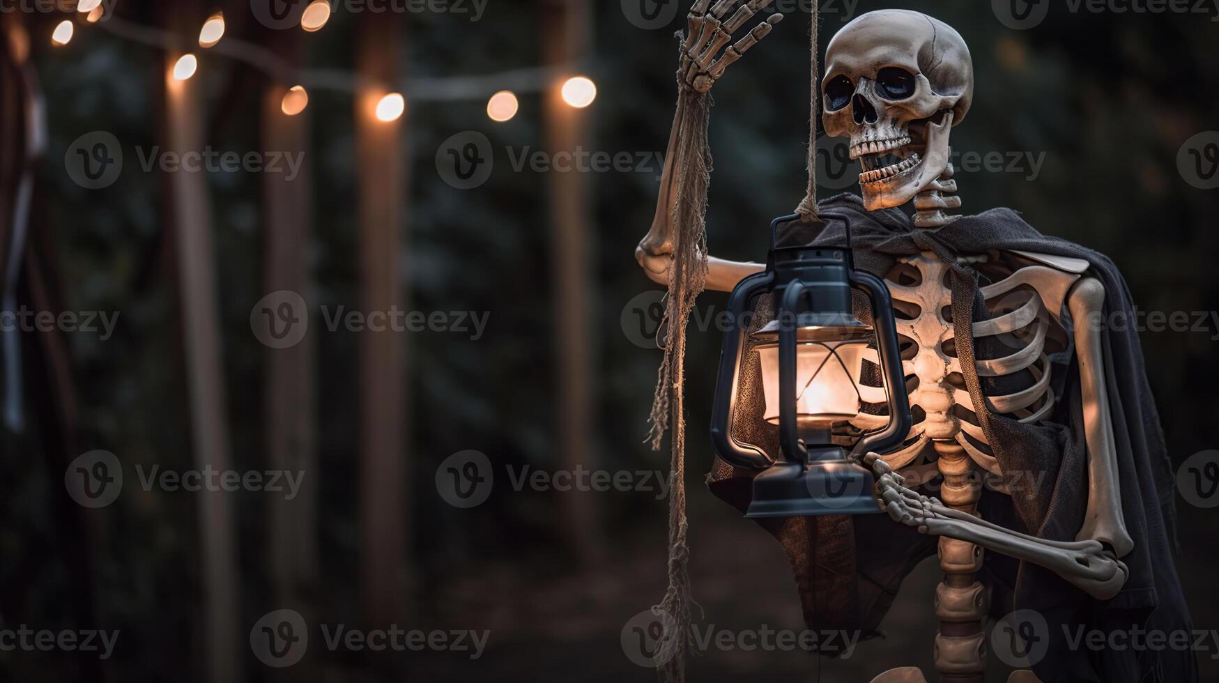 Halloween Nacht - - Skelett halten Laterne im gespenstisch Nacht, generativ ai foto