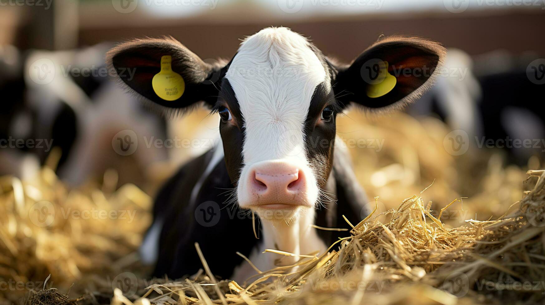 schließen oben Aussicht von holstein Kalb Lügen im Stroh Innerhalb Molkerei Bauernhof. generativ ai foto