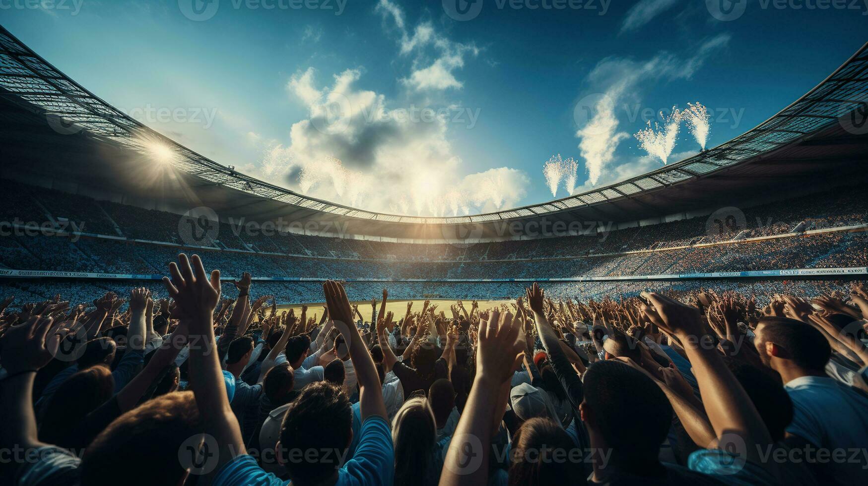 Fußball Fans Show Hände Feier auf groß Stadion während Fußball Spiel mit Blau Himmel, generativ ai foto