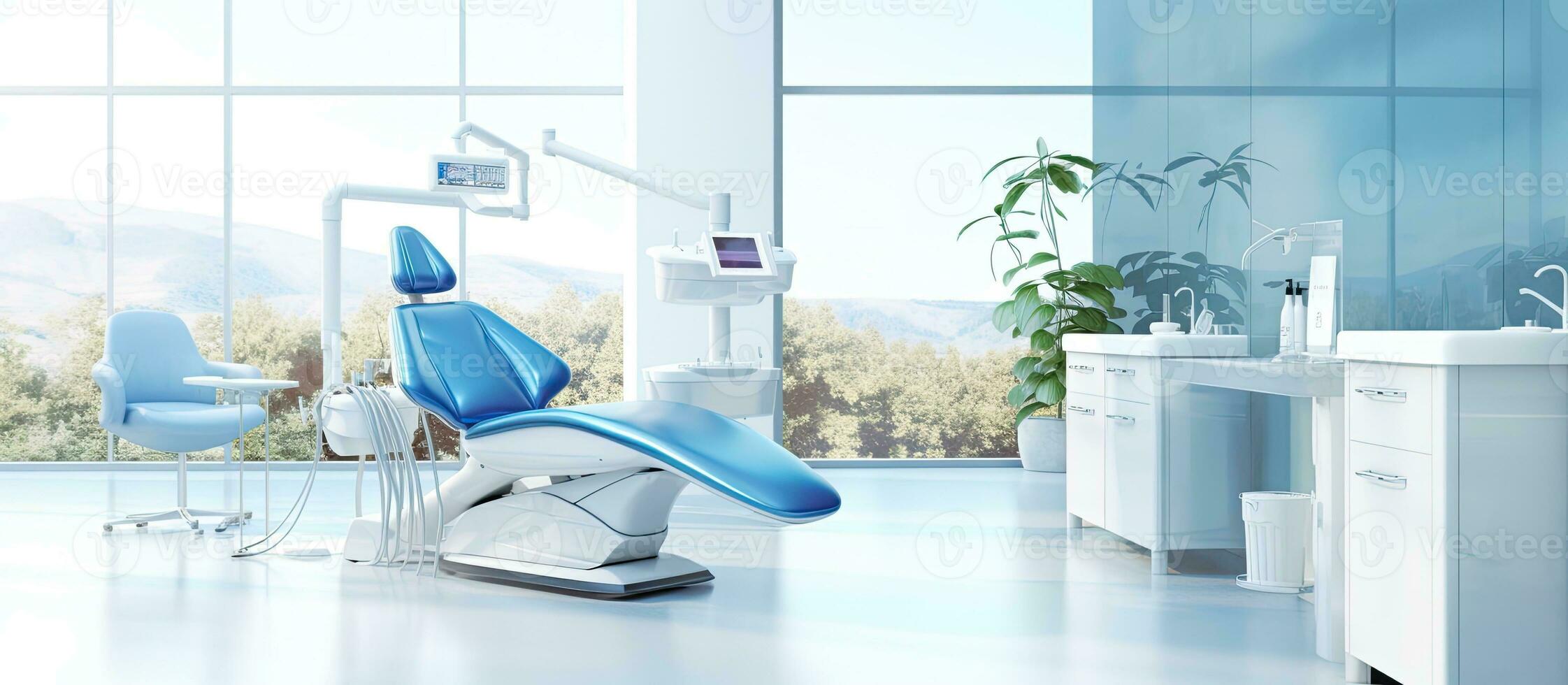 Dental Büro mit ein Zahnarzt Stuhl und Ausrüstung ist gezeigt mit ein verschwommen Hintergrund und Raum zum foto