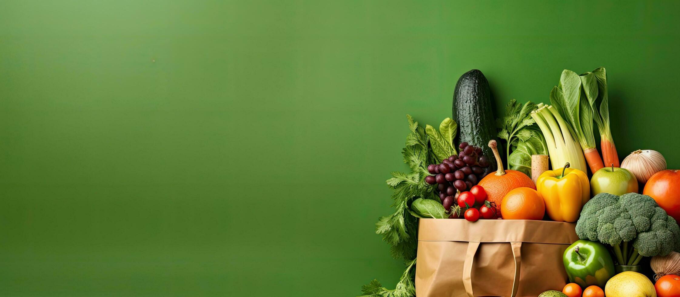 Hintergrund Bild mit ein Papier Tasche gefüllt mit gesund vegan und Vegetarier Essen, einschließlich foto