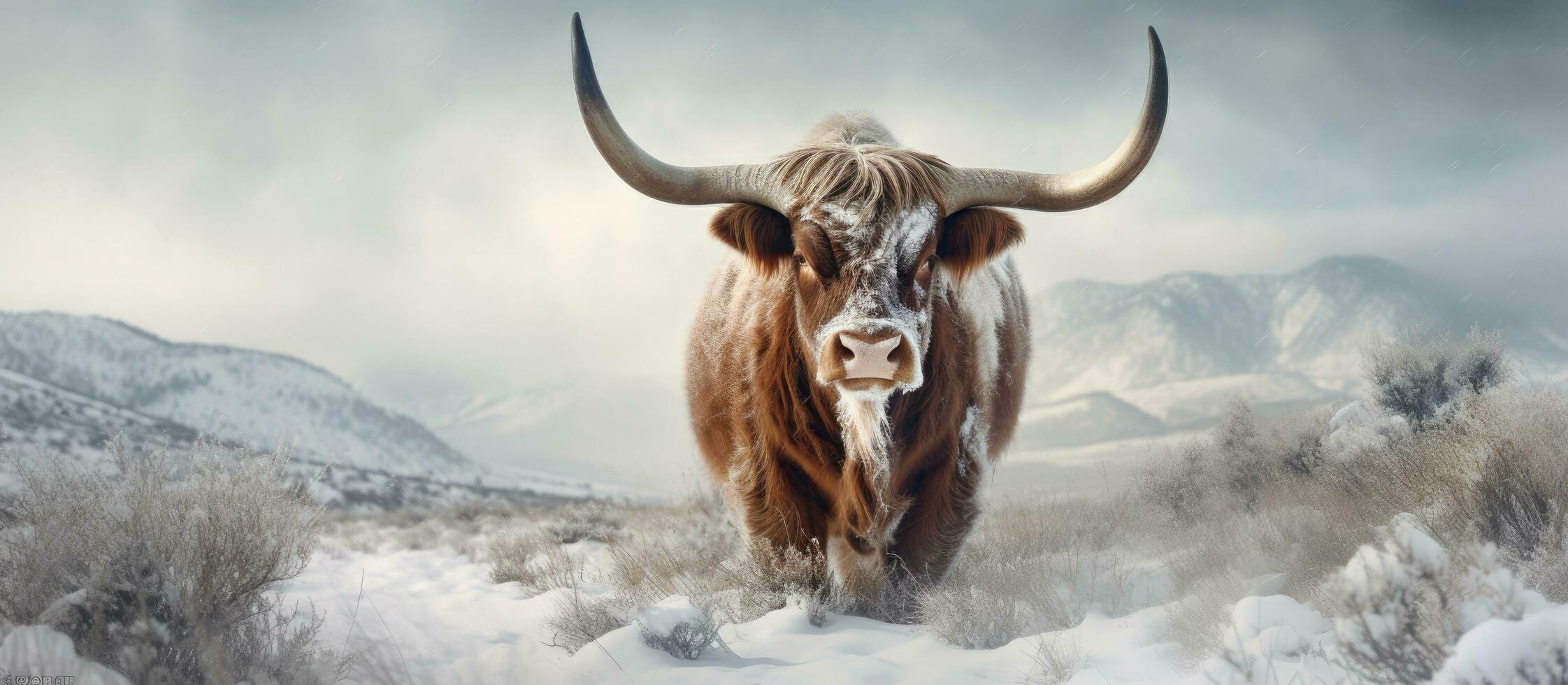 ein Texas Longhorn Kuh mit groß Hörner ist gesehen im das Winter mit verschwommen Schnee im das Vordergrund und foto