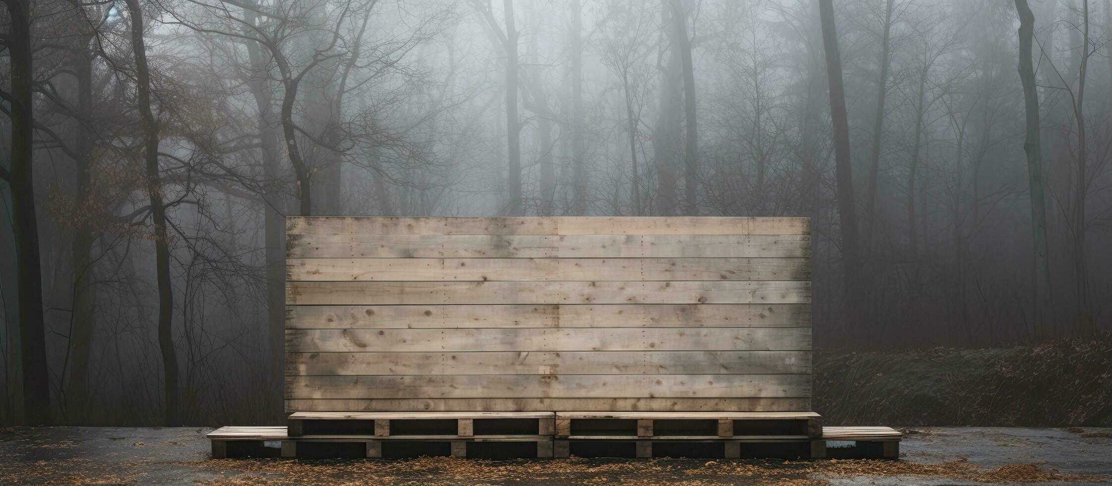 hölzern Palette gelehnt gegen das Mauer von ein Warenhaus im ein Feld, Nächster zu ein Wald, auf ein regnerisch foto