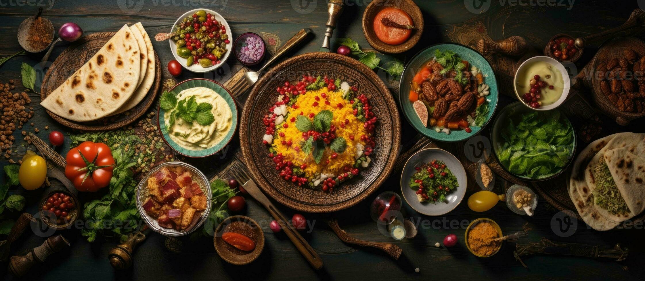 Arabisch und Mitte östlichen Essen angezeigt auf ein Abendessen Tisch. das Mahlzeit beinhaltet Fleisch Kebab, Hummus, foto