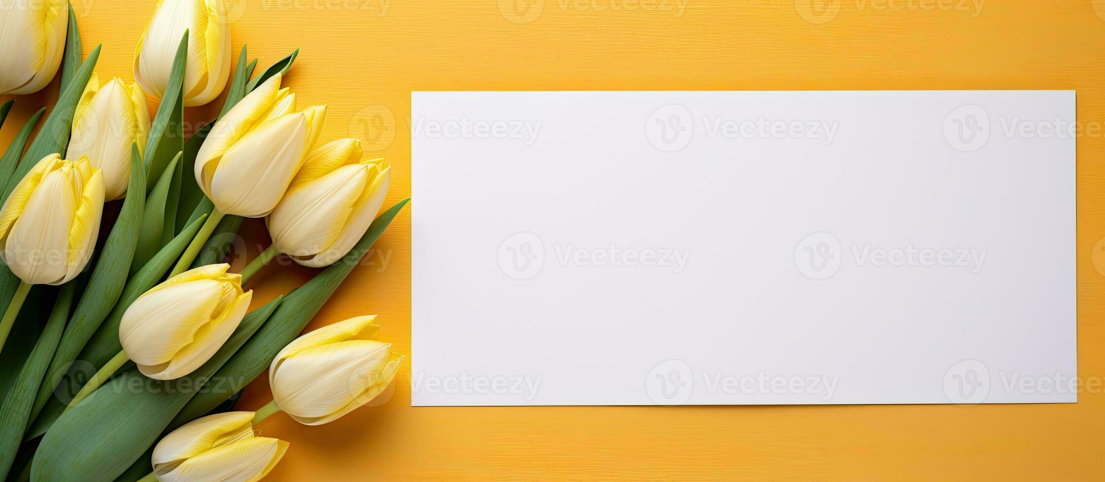 Kork Bekanntmachung Tafel und ein Weiß Stück von Papier sind Gelb Tulpen. leeren Raum verfügbar zum foto