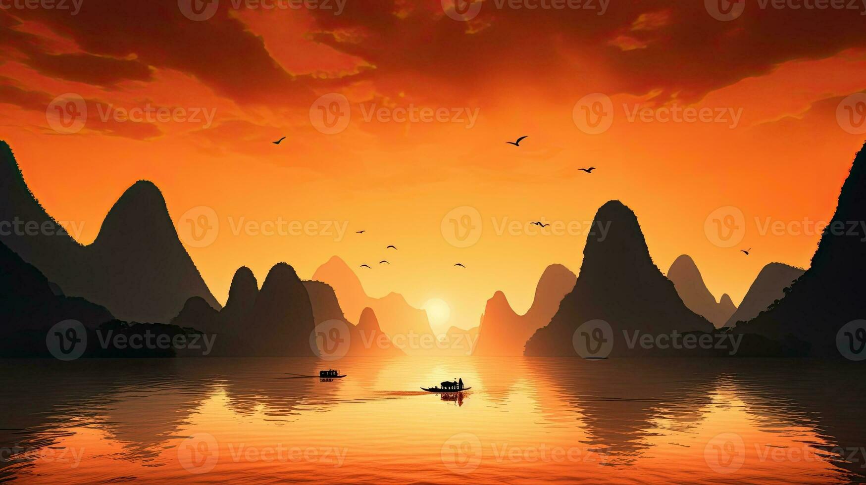 verschwommen Fluss und Karst Formation Berge mit hell Orange Himmel beim Sonnenuntergang im xing China typisch von Yangshuo s Terrain foto