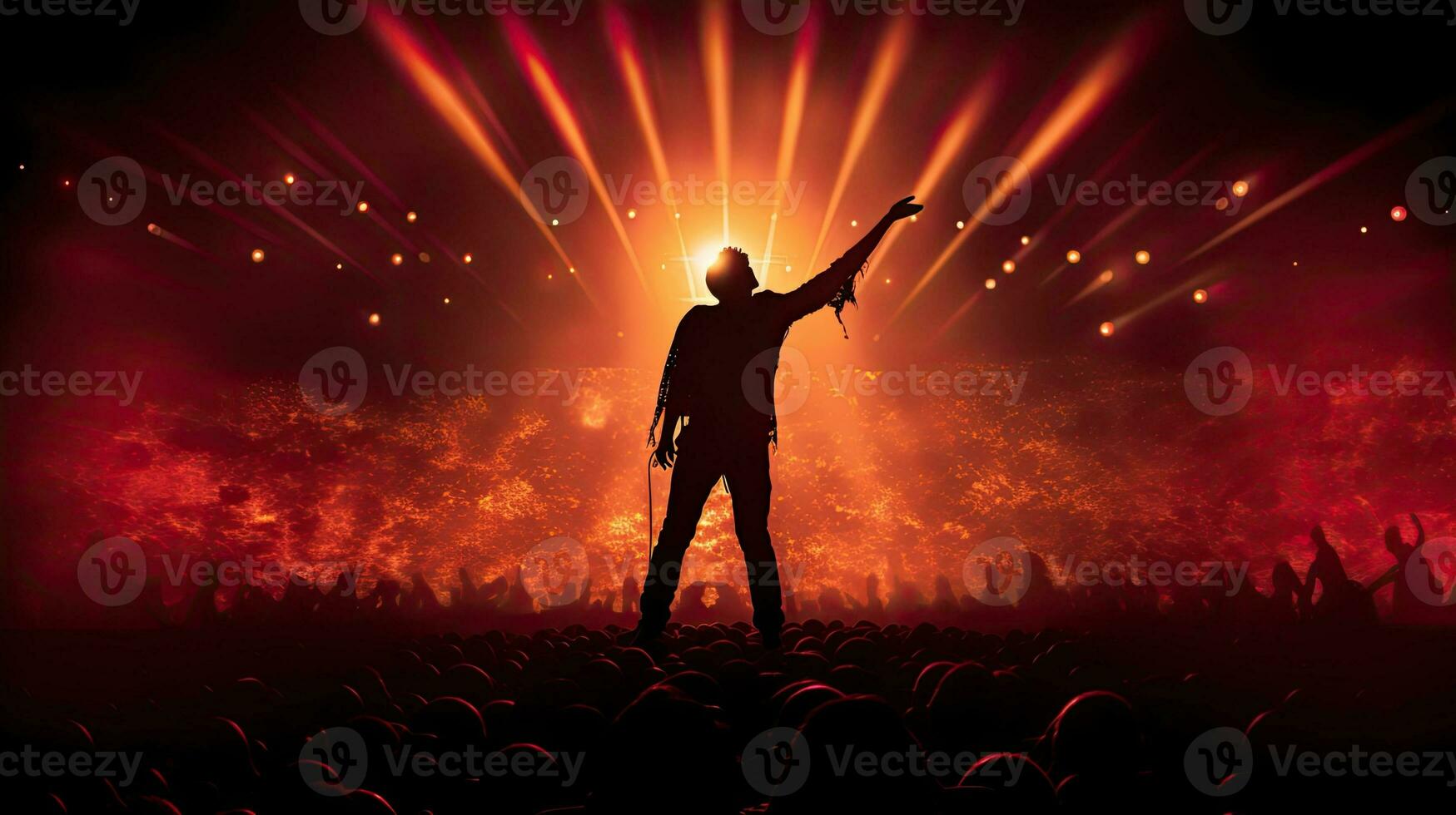 männlich Sänger s Silhouette beleuchtet durch Bühne Beleuchtung beim ein Felsen Konzert foto