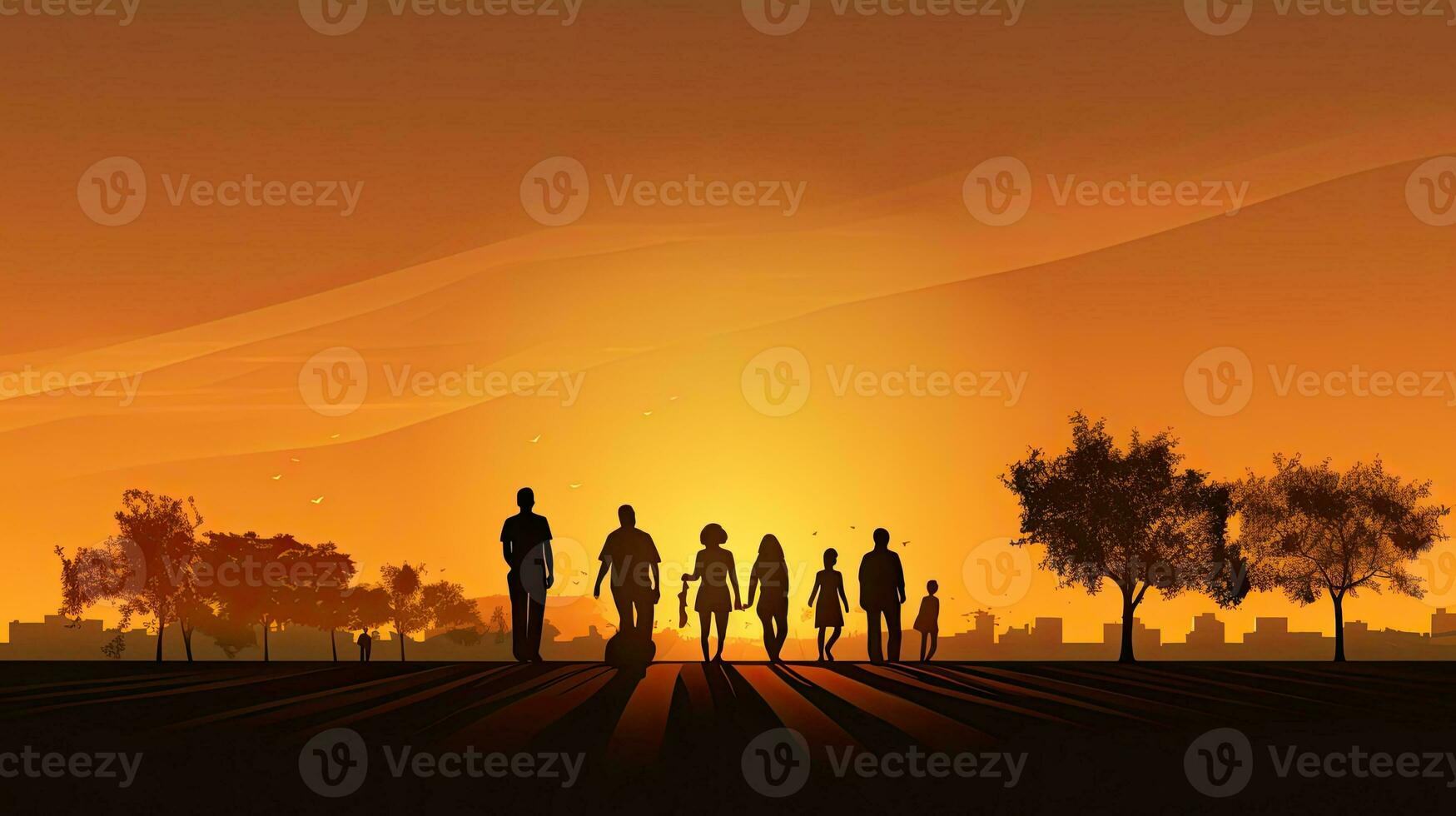 Menschen Gehen im ein Park mit ein golden Sonnenuntergang Hintergrund Silhouette foto