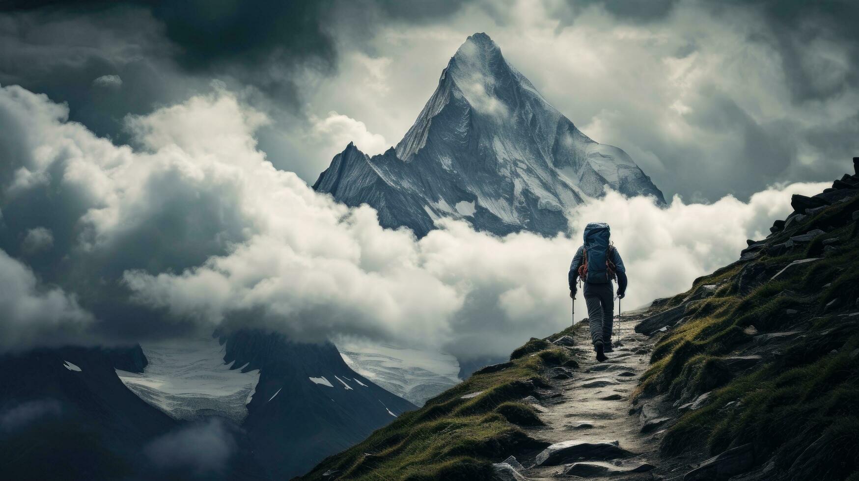 Wanderer auf Chamonix Grat mit Sturm Wolken und Berg Weg foto