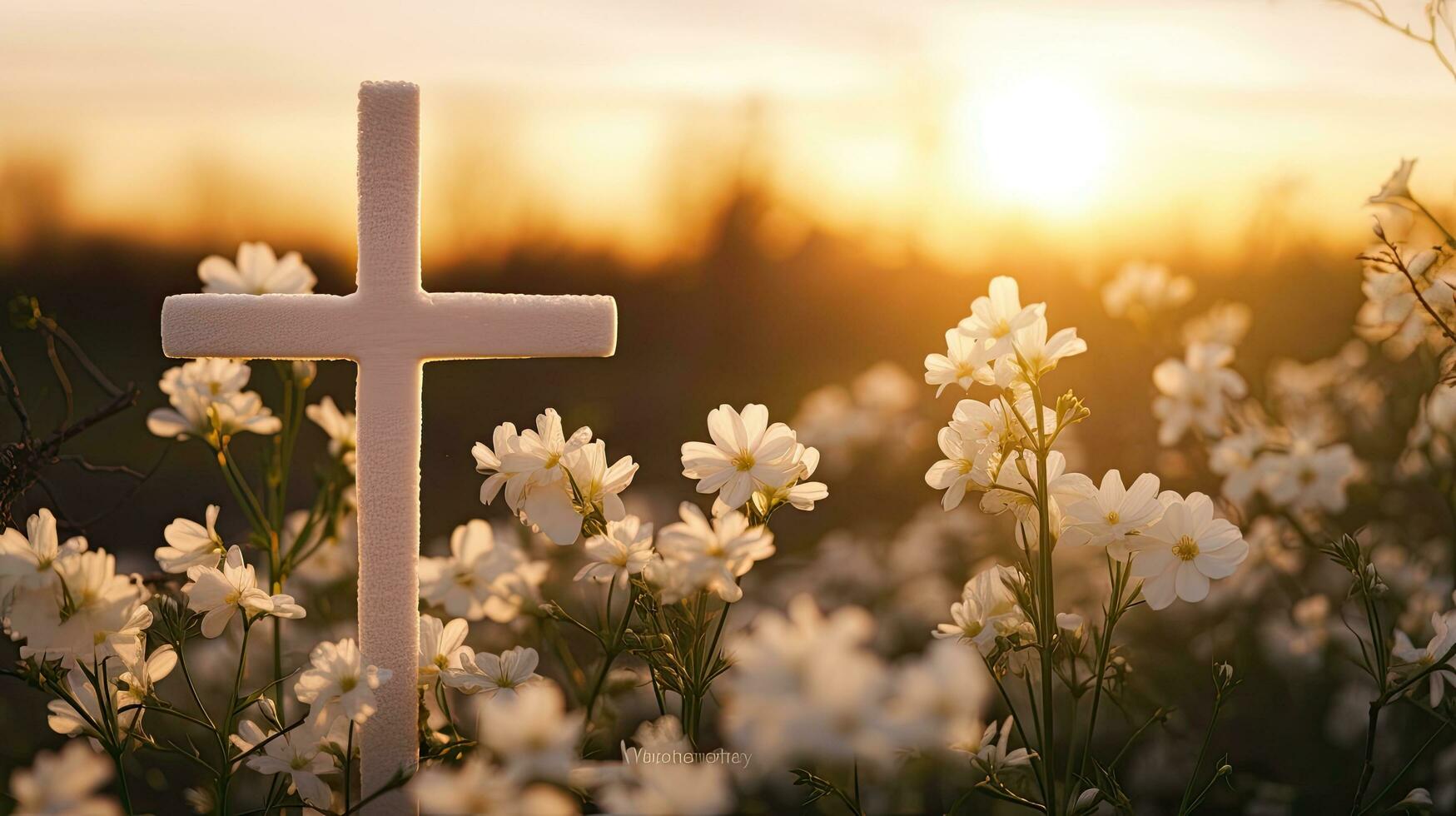 Frühling Blüten Wald Sonnenuntergang und Christian Kreuz foto