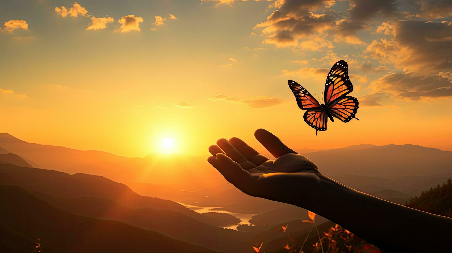 Hand im ein Meditation Position und Schmetterling Sonnenuntergang im das Berge gezeigt im ein schließen oben Schuss foto