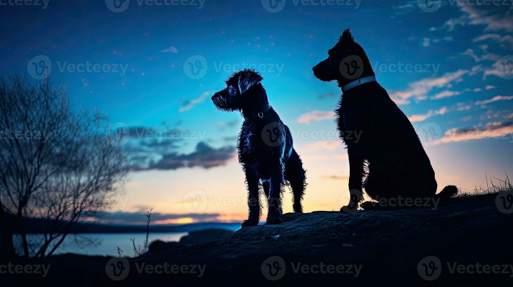 Abend Blau Stunde leuchtet Hund im Silhouette foto